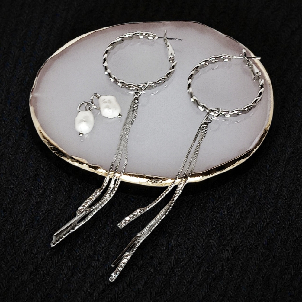 Chunky Silver Hoops Interchangable Charms Tassels Pearls Gothic Lolita Soft Girl